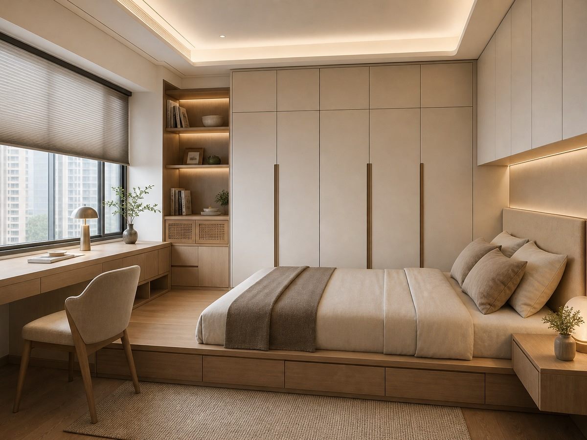 FameHouse 香港全屋定制案例：睡房地台床與到頂衣櫃